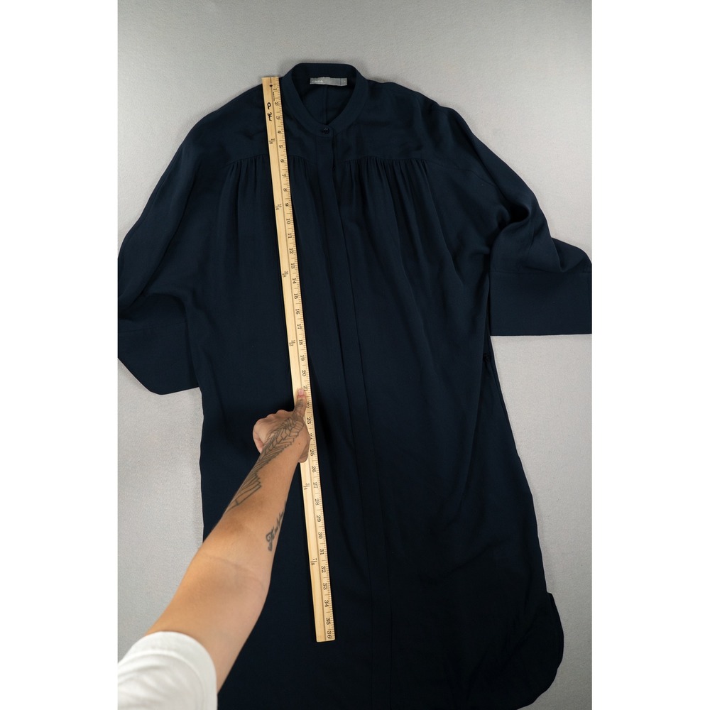 Vince 100% Silk Shirt Dress Navy Blue Band Collar Long Sleeve Women's Medium - Picture 7 of 9